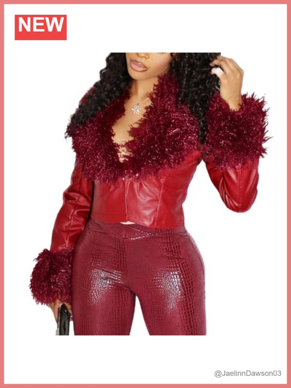 Faux Leather Cropped Moto Jacket Fur Trim Buckle Cinched Waist